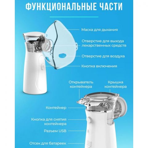 Ингалятор небулайзер портативный детский и для взрослых с тремя насадками / БЕСШУМНЫЙ